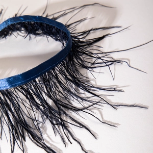 Vue détaillée des plumes gothiques noires et du ruban élégant en satin bleu foncé