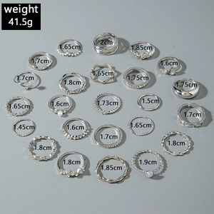 Details eines 21-teiligen silbernen Ring-Sets mit Perlen, Strass und geometrischen Designs