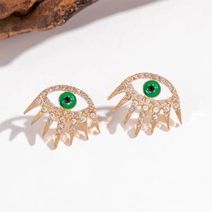 Gold-plated hollow eye earrings with green enamel iris and sparkling crystal rhinestones