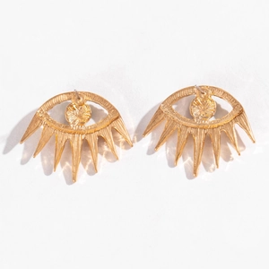 Bohemian gold hollow evil eye stud earrings with dramatic long eyelashes and sunburst design