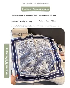 Detailed view of a 70x70cm polyester silk square scarf with blue floral jungle prints