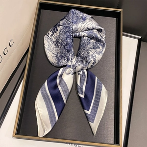 French Style Toile de Jouy Scenery Print Satin Square Scarf For Women Vintage Paisley Striped Border Fashion Silk Feel Neck Scarf