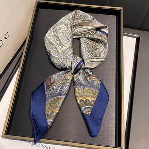 70cm paisley faux silk scarf in dark green and yellow for professional office wear