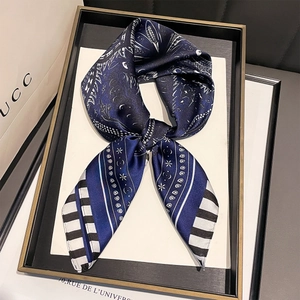Elegant 70cm silk-like scarf with celestial floral patterns and striped details