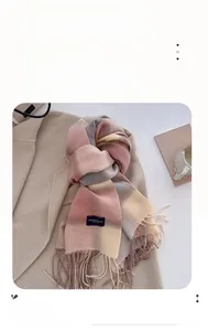 Close-up of pink and grey plaid scarf with fringe detail on beige wool coat