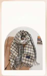 Detailed texture of checked scarf with fringe and blue label on suit jacket