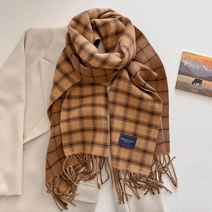 Detail of checkered autumn scarf with fringe and brand label on a beige blazer