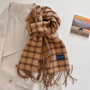 Close-up of brown plaid scarf with fringe details on a beige blazer with a magazine