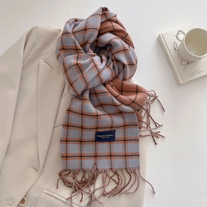 Detail of soft checkered scarf with fringe on a beige blazer with elegant book