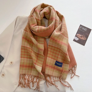 Detail of plaid cashmere-like scarf with hand-woven tassels on a beige blazer
