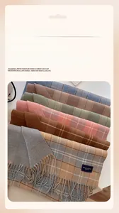 Detailed view of multi-color plaid scarf texture with classic fringed tassels