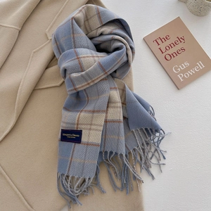 Detail shot of vintage plaid scarf with tassels on beige coat with a classic book
