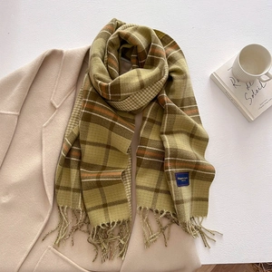 Detail of vintage green plaid cashmere shawl with soft tassels on beige wool coat