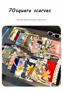 Various 70x70cm faux silk scarves with floral and geometric patterns shown with sunglasses