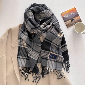 Detailed view of striped plaid scarf with elegant tassels and woven label on wool-like fabric