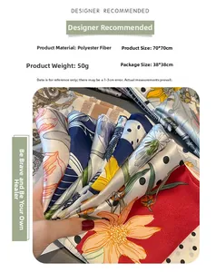 Detail of 70x70cm polyester silk scarf featuring floral patterns and geometric dots