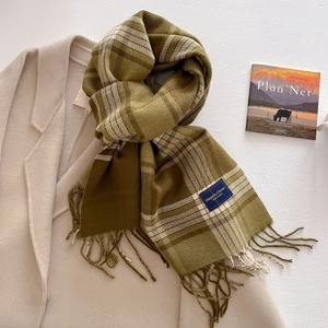 Detail of plaid tassel scarf showing olive and beige patterns on a wool coat