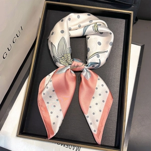 Elegant pink floral and polka dot satin square scarf presented in a luxury gift box