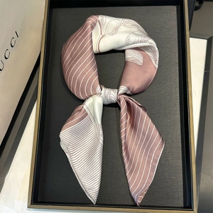 Pink and beige faux silk square scarf with floral stripe pattern and knotted styling