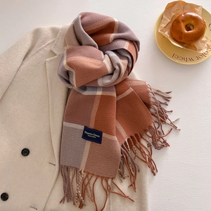 Detailed close-up of plaid cashmere feel scarf with fringe tassels and woven label