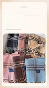 Detail of thick autumn scarf showing elegant striped patterns and fringe tassels