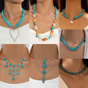 Boho Vintage Türkis Blume Herz Seestern Muschel Anhänger Halskette Für Damen Legierung Harz Mehrlagig Strand Schmuck