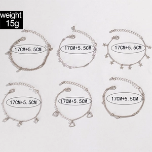 Detail view of 6-piece silver bracelet set with star and heart charms plus dimensions