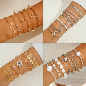 Bohemian Alloy Bracelet Multi Layer Heart Star Pendant Imitation Artificial Pearl Beaded Chain Fashion Jewelry For Women