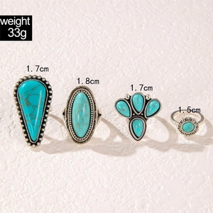 Detail of 4pcs vintage silver rings set with turquoise stones and size labels