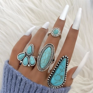 Vintage Bohemian Alloy Turquoise Rings Ethnic Floral Water Drop Geometric Joint Finger Jewelry For Women