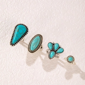 Bohemian silver alloy ring set featuring turquoise stones in teardrop and floral shapes