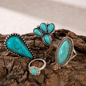 Bohemian silver-plated flower turquoise ring set for women with vintage ethnic patterns