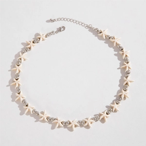 Bohemian beach starfish beaded necklace with shell elements and adjustable metal chain