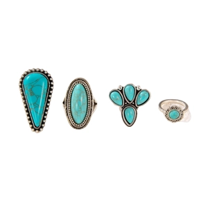 Vintage bohemian turquoise ring set with 4 ethnic silver geometric flower designs