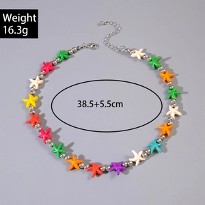 Colorful resin starfish beaded necklace with 38.5cm length and adjustable metal chain
