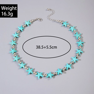 Detail view of Bohemian starfish necklace with turquoise beads and size 38.5+5.5cm