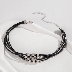 Multi-layer black cord necklace with silver metallic beads and adjustable lobster clasp