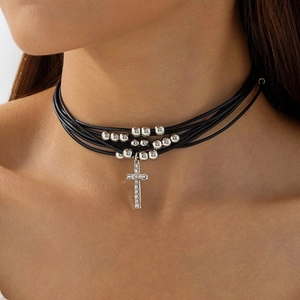 Multi Layer Choker Necklace Alloy Silver Beads Black Wax Cord Adjustable Sweet Cool Style For Women Girls