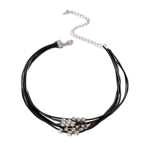 Multi-strand black cord necklace with silver beads and adjustable lobster clasp
