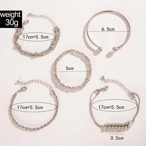 Detailed view of 5-piece silver beaded chain bracelet set with weight and size labels