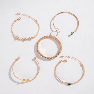 Elegant 5-piece gold bracelet set featuring heart charms, crystals, and green gemstones
