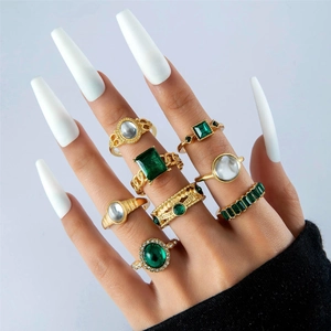 Bagues Géométriques Vintage Alliage Doré Pierres Vertes Strass Femmes Bijoux De Phalange Bohémiens