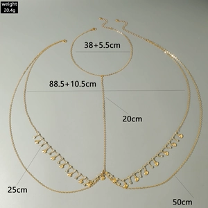 Detailed view of gold multi-layer body chain with seashell pendants and dimensions