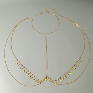Bohemian Gold Tone Alloy Body Chain Heart Marquise Green Rhinestone Multi Layer Chest Jewelry For Beach Party