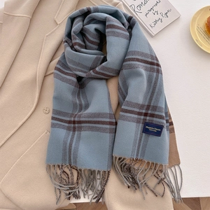 Classic blue and brown striped cashmere-style scarf with elegant fringe on a beige coat