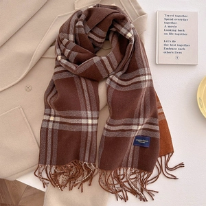 Detail of dark brown plaid scarf with fringe and elegant label on wool coat
