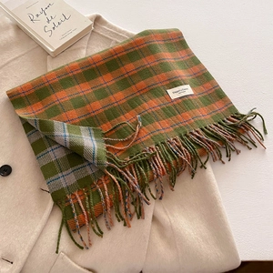 Detail of plaid thick cashmere scarf with tassels on beige coat with a French book