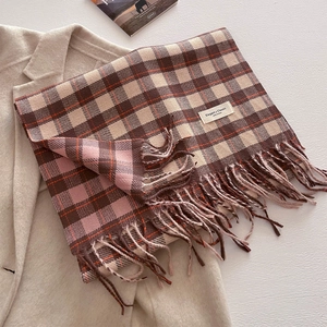 Detailed view of thick plaid scarf with long tassels on a beige wool coat