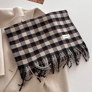Classic plaid cashmere-feel thick warm scarf with tassel fringes on wool coat