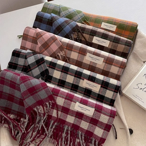 Classic thick plaid cashmere-like scarves with long tassels in multiple autumn colors